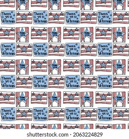 Veteran's Day seamless pattern. Hand drawn vector background with american flag, eagle, red poppies, banner thank you veterans!
