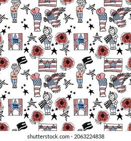 Veteran's Day seamless pattern. Hand drawn vector background with american flag, eagle, red poppies, banner thank you veterans!