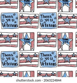 Veteran's Day seamless pattern. Hand drawn vector background with american flag, eagle, red poppies, banner thank you veterans!
