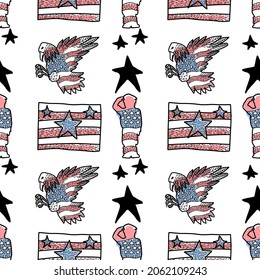Veteran's Day seamless pattern. Holiday vector background with patriotic symbols, american flag, soldier, eagle, red poppies. 