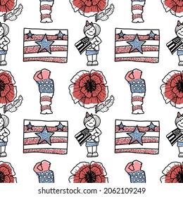 Veteran's Day seamless pattern. Holiday vector background with patriotic symbols, american flag, soldier, eagle, red poppies. 