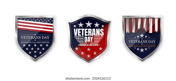 Veterans day. Set of realistic steel shield badges for the holiday veterans day. National holiday of the USA. Vector illustration.