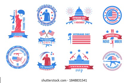Vector del día de los veteranos. El evento militar se celebra el 11 de noviembre en Estados Unidos. El casco cuelga de un rifle. Fondo de la bandera de EE. UU. Soldado, estatua de la libertad, cintas en la etiqueta, emblema.