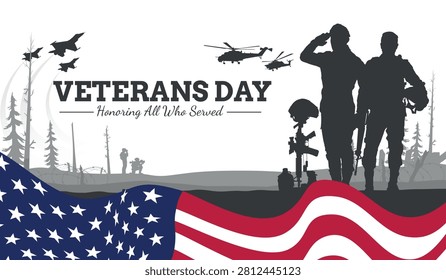 Veteran's day silhouette vector illustration with american flag and soldiers.