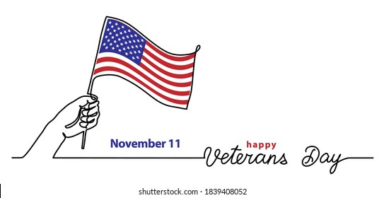 Veterans day simple vector banner, poster, background with flag and hand. Single line art with text happy Veterans day.