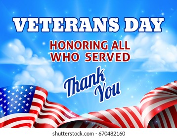 A Veterans Day sky background with an American Flag and Thank You message