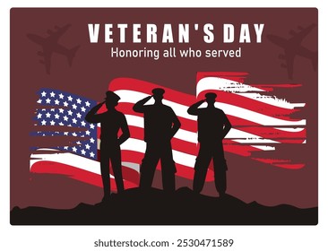 Veterans Day with soldier silhouette. Honoring all who have served America. Memorial Day concept. Flat vector illustration.