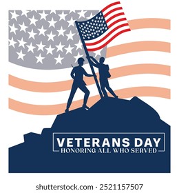 Veterans Day with soldiers holding American flags. Honoring all who have served. Memorial Day concept. Flat vector illustration.