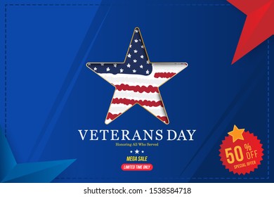 Veterans Day Super Sale. Greeting card with USA flag and star on background National American holiday event. Flat vector illustration