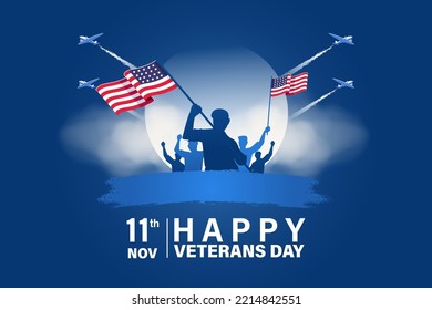 Veterans Day Template Design with US Flag and Soldier for Poster and Banner Vector Illustration. Honoring All Who Served. November 11