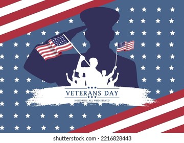 Veterans Day Template Design with US Flag and Soldier for Poster and Banner Vector Illustration. Honoring All Who Served. November 11