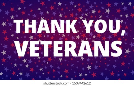 Veterans Day - Thank You, Veterans greeting card with inscription on blue red patriotic background with USA celebration confetti stars