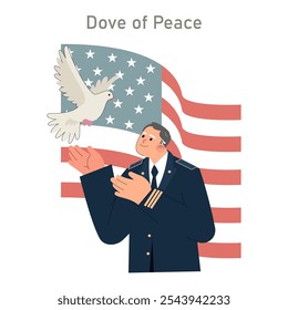 Veterans Day tribute illustration with a saluting officer and a dove against the US flag backdrop ensures peace and remembrance. Vector illustration.