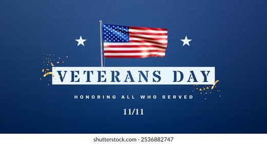 Veterans day in the United States of America. Holiday banner with realistic national American flag. Patriotic symbol USA for poster, advertising, social media. November 11 in USA. Vector illustration