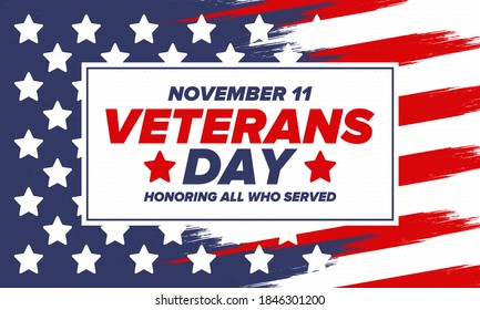 Veterans Day in United States. Federal holiday, celebrated annual in November 11. Honoring all who served. Patriotic american military concept. Poster, card, banner and background. Vector illustration