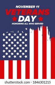 Veterans Day in United States. Federal holiday, celebrated annual in November 11. Honoring all who served. Patriotic american military concept. Poster, card, banner and background. Vector illustration