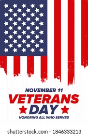 Veterans Day in United States. Federal holiday, celebrated annual in November 11. Honoring all who served. Patriotic american military concept. Poster, card, banner and background. Vector illustration