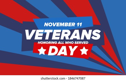 Veterans Day in United States. Federal holiday, celebrated annual in November 11. Honoring all who served. Patriotic american military concept. Poster, card, banner and background. Vector illustration