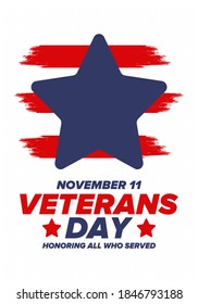 Veterans Day in United States. Federal holiday, celebrated annual in November 11. Honoring all who served. Patriotic american military concept. Poster, card, banner and background. Vector illustration