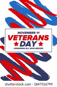 Veterans Day in United States. Federal holiday, celebrated annual in November 11. Honoring all who served. Patriotic american military concept. Poster, card, banner and background. Vector illustration