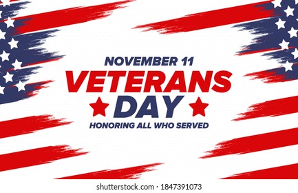 Veterans Day in United States. Federal holiday, celebrated annual in November 11. Honoring all who served. Patriotic american military concept. Poster, card, banner and background. Vector illustration