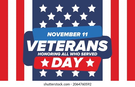 Veterans Day in United States. Federal holiday, celebrated annual in November 11. Honoring all who served. Patriotic american military concept. Poster, card, banner and background. Vector illustration