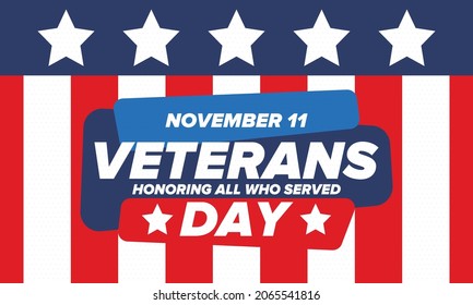 Veterans Day in United States. Federal holiday, celebrated annual in November 11. Honoring all who served. Patriotic american military concept. Poster, card, banner and background. Vector illustration