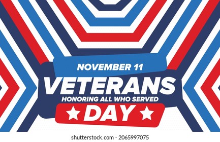 Veterans Day in United States. Federal holiday, celebrated annual in November 11. Honoring all who served. Patriotic american military concept. Poster, card, banner and background. Vector illustration