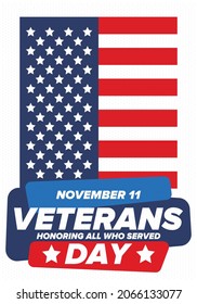 Veterans Day in United States. Federal holiday, celebrated annual in November 11. Honoring all who served. Patriotic american military concept. Poster, card, banner and background. Vector illustration