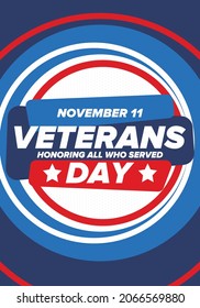 Veterans Day in United States. Federal holiday, celebrated annual in November 11. Honoring all who served. Patriotic american military concept. Poster, card, banner and background. Vector illustration