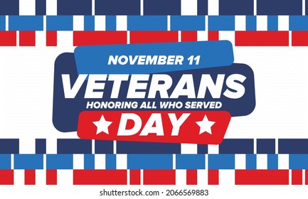 Veterans Day in United States. Federal holiday, celebrated annual in November 11. Honoring all who served. Patriotic american military concept. Poster, card, banner and background. Vector illustration