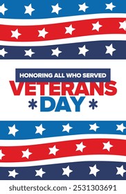 Veterans Day in United States. Federal holiday, celebrated annual in November 11. Honoring all who served. Patriotic american military concept. Poster, card, banner and background. Vector illustration