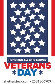 Veterans Day in United States. Federal holiday, celebrated annual in November 11. Honoring all who served. Patriotic american military concept. Poster, card, banner and background. Vector illustration