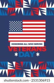 Veterans Day in United States. Federal holiday, celebrated annual in November 11. Honoring all who served. Patriotic american military concept. Poster, card, banner and background. Vector illustration