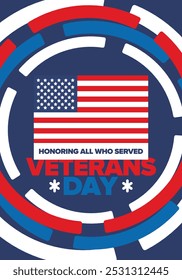 Veterans Day in United States. Federal holiday, celebrated annual in November 11. Honoring all who served. Patriotic american military concept. Poster, card, banner and background. Vector illustration