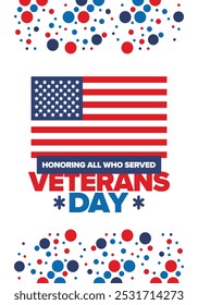 Veterans Day in United States. Federal holiday, celebrated annual in November 11. Honoring all who served. Patriotic american military concept. Poster, card, banner and background. Vector illustration