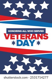 Veterans Day in United States. Federal holiday, celebrated annual in November 11. Honoring all who served. Patriotic american military concept. Poster, card, banner and background. Vector illustration