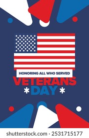 Veterans Day in United States. Federal holiday, celebrated annual in November 11. Honoring all who served. Patriotic american military concept. Poster, card, banner and background. Vector illustration