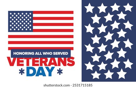 Veterans Day in United States. Federal holiday, celebrated annual in November 11. Honoring all who served. Patriotic american military concept. Poster, card, banner and background. Vector illustration