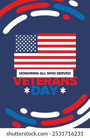 Veterans Day in United States. Federal holiday, celebrated annual in November 11. Honoring all who served. Patriotic american military concept. Poster, card, banner and background. Vector illustration