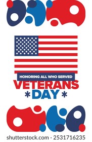 Veterans Day in United States. Federal holiday, celebrated annual in November 11. Honoring all who served. Patriotic american military concept. Poster, card, banner and background. Vector illustration