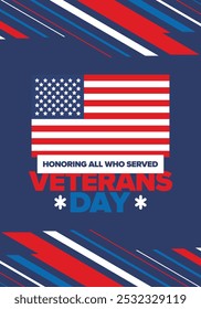 Veterans Day in United States. Federal holiday, celebrated annual in November 11. Honoring all who served. Patriotic american military concept. Poster, card, banner and background. Vector illustration