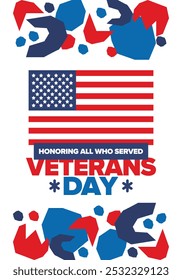 Veterans Day in United States. Federal holiday, celebrated annual in November 11. Honoring all who served. Patriotic american military concept. Poster, card, banner and background. Vector illustration