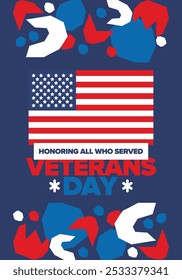 Veterans Day in United States. Federal holiday, celebrated annual in November 11. Honoring all who served. Patriotic american military concept. Poster, card, banner and background. Vector illustration