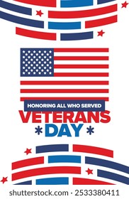 Veterans Day in United States. Federal holiday, celebrated annual in November 11. Honoring all who served. Patriotic american military concept. Poster, card, banner and background. Vector illustration