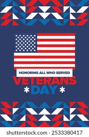 Veterans Day in United States. Federal holiday, celebrated annual in November 11. Honoring all who served. Patriotic american military concept. Poster, card, banner and background. Vector illustration