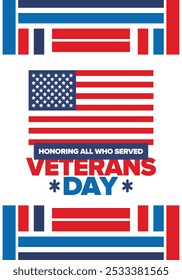 Veterans Day in United States. Federal holiday, celebrated annual in November 11. Honoring all who served. Patriotic american military concept. Poster, card, banner and background. Vector illustration