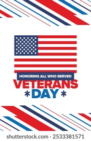 Veterans Day in United States. Federal holiday, celebrated annual in November 11. Honoring all who served. Patriotic american military concept. Poster, card, banner and background. Vector illustration