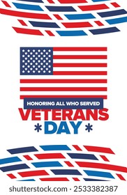 Veterans Day in United States. Federal holiday, celebrated annual in November 11. Honoring all who served. Patriotic american military concept. Poster, card, banner and background. Vector illustration