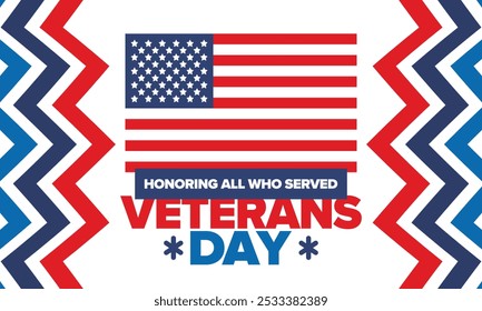 Veterans Day in United States. Federal holiday, celebrated annual in November 11. Honoring all who served. Patriotic american military concept. Poster, card, banner and background. Vector illustration